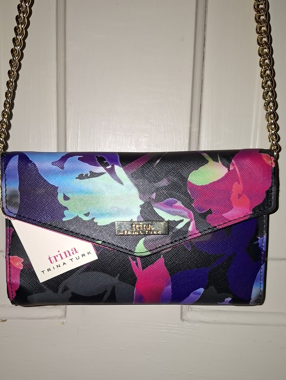 Trina Turk Black Multicolor Floral Chain Crossbody Wallet